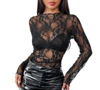 T-shirt pour femme à manches longues transparent en dentelle et maille sexy à col haut, chemisier élégant en maille décontractée, Noir , XL