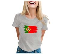 T-shirt pour femme au Portugal - Design avec drapeau artistique - Imprimé par pulvérisation - Haut décontracté à manches courtes pour un soutien sportif, Gris clair., L