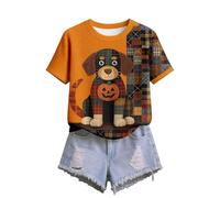 T-shirt pour femme avec adorable chien d'Halloween - Haut d'automne de style patchwork - T-shirt à manches courtes pour les amoureux des chiens, Style_s02 Orange, S