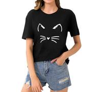T-shirt pour femme avec col rond et manches courtes pour tout le monde avec motif chat botanique et floral, Noir , L
