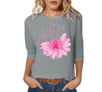 T-shirt pour femme avec col rond et manches trois-quarts imprimé pour le mois du cancer du sein Confort quotidien pour le printemps et l'été, gris, L