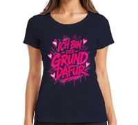 T-shirt pour femme avec cœurs roses « Ich bin der Grund dafür », bleu