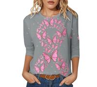 T-shirt pour femme avec impression graphique pour la sensibilisation au cancer du sein - Résistant au quotidien - Col rond - Manches trois-quarts - Printemps Été, gris, L