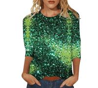 T-shirt pour femme avec imprimé brillant, coupe confortable à manches trois quarts pour un look décontracté, vert, M
