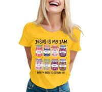 T-shirt pour femme avec imprimé chrétien Jésus is My Jam - T-shirt de foi coloré avec inscription et graphique - Haut décontracté pour communauté et loisirs, Style_r10 jaune, L