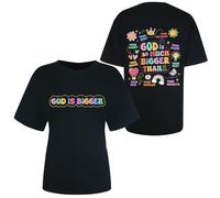 T-shirt pour femme avec imprimé « God is Bigger » - Haut chrétien avec imprimé positif dans le dos - T-shirt décontracté de style rétro, Stil_q01 Noir, S