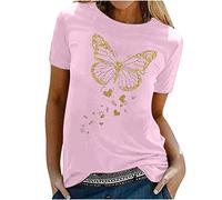 T-shirt pour femme avec imprimé papillon doré - Col rond - Manches courtes - Décontracté - Printemps - Automne - T-shirt basique - Cadeau pour adolescentes - Pull streetwear