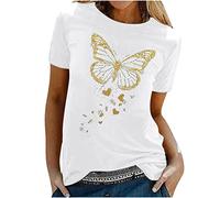 T-shirt pour femme avec imprimé papillon doré - Col rond - Manches courtes - Pull décontracté - Printemps automne - T-shirt basique - All Match - Tunique - Cadeau pour adolescentes et filles