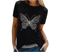 T-shirt pour femme avec imprimé papillon doré et col rond à manches courtes - Décontracté - Printemps automne - Basic - T-shirt All Match tunique - Cadeau pour adolescente et fille - Pull streetwear