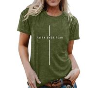 T-shirt pour femme avec inscription chrétienne Faith Over Fear - Haut minimaliste avec symbole de croix - T-shirt de foi et d'espoir, Style_u01 Vert armée, 3XL