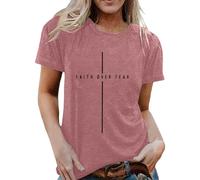 T-shirt pour femme avec inscription chrétienne Faith Over Fear - Haut minimaliste avec symbole de croix - T-shirt de foi et d'espoir, Style_u09 Rose, XL