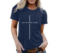 T-shirt pour femme avec inscription chrétienne Faith Over Fear - Haut minimaliste avec symbole de croix - T-shirt de foi et d'espoir, Style_u04 Bleu, 3XL
