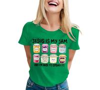 T-shirt pour femme avec inscription chrétienne - Haut avec motif Jesus is My Jam - T-shirt de foi décontracté avec bocaux colorés, Style_y04 Vert, M