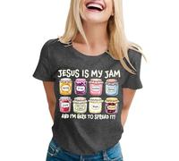T-shirt pour femme avec inscription chrétienne - Haut avec motif Jesus is My Jam - T-shirt de foi décontracté avec bocaux colorés, Style_y05 Gris, L