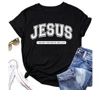 T-shirt pour femme avec inscription chrétienne Jésus - Haut décontracté de style universitaire avec message de foi - T-shirt de déclaration de foi et d'espoir, Style_e01 Noir, S