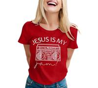 T-shirt pour femme avec inscription Jesus is My Jam - Haut rétro avec imprimé ghetto blaster - T-shirt de foi décontracté pour les amateurs de musique, Style_o08 Rouge, S