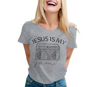 T-shirt pour femme avec inscription Jesus is My Jam - Haut rétro avec imprimé ghetto blaster - T-shirt de foi décontracté pour les amateurs de musique, Style_o05 Gris, S