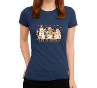 T-shirt pour femme avec inscription « Let It Snow » - Motif 3 bonshommes de neige - Cœur et étoiles - Cadeau, Bleu marine, S