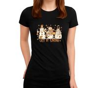 T-shirt pour femme avec inscription « Let It Snow » - Motif 3 bonshommes de neige - Cœur et étoiles - Cadeau, Noir , S