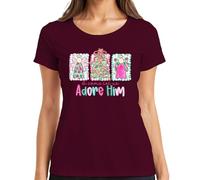 T-shirt pour femme avec inscription « O Come let us Adore Him » - Motif ange et sapin de Noël - Pastel, bordeaux, XXL