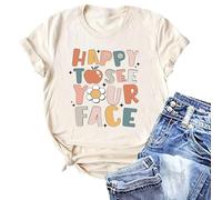 T-shirt pour femme avec inscription positive - Haut à manches courtes avec imprimé « Happy to See Your Face » - T-shirt décontracté de style rétro pour enseignants, Style_s01 Beige, S