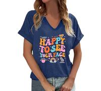 T-shirt pour femme avec inscription positive pour enseignant « Happy to See Your Face » | T-shirt décontracté à col en V de style rétro, Style_z01 Bleu, S