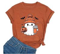 T-shirt pour femme avec joli fantôme d'Halloween - T-shirt à manches courtes avec motif citrouille - Haut mignon pour la saison d'automne et les amateurs de café, Style_f01 Orange, L
