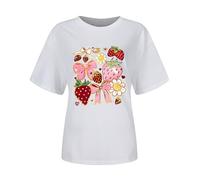 T-shirt pour femme avec joli motif fraise - T-shirt d'été avec nœud et imprimé floral - Haut décontracté de style cottagecore, Style_i03 Blanc, 3XL