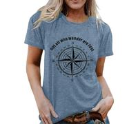 T-shirt pour femme avec motif boussole - T-shirt à manches courtes avec inscription « Not All Who Wander Are Lost » | Haut décontracté pour les fans de voyage et d'aventure, Style_j03 Bleu, XL