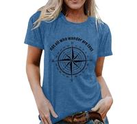 T-shirt pour femme avec motif boussole - T-shirt à manches courtes avec inscription « Not All Who Wander Are Lost » | Haut décontracté pour les fans de voyage et d'aventure, Style_j02 Bleu, XXL