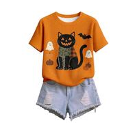 T-shirt pour femme avec motif chat et citrouille - Haut d'automne pour Halloween - Joli t-shirt pour les amoureux des chats, Style_e01 Orange, M