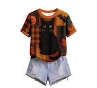 T-shirt pour femme avec motif chat et citrouille - Haut d'automne pour Halloween - Joli t-shirt pour les amoureux des chats, Style_e04 Orange, M