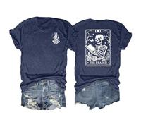 T-shirt pour femme avec motif de carte de tarot mystique - T-shirt à manches courtes avec imprimé squelette The Reader sur le dos - Haut d'inspiration gothique pour les amateurs de livres, Style_t01