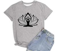 T-shirt pour femme avec motif fleur de lotus de yoga - T-shirt graphique pour la méditation et les loisirs - Haut spirituel avec silhouette yogi, Style_y02 Gris, XL