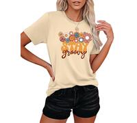 T-shirt pour femme avec motif floral hippie années 60 70 T-shirt d'été Top Stay Groovy, Beige-a, S