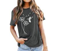 T-shirt pour femme avec motif pissenlit - Haut à manches courtes avec motif d'oiseaux - T-shirt décontracté qui symbolise la liberté et le changement, Style_v01 Gris, S