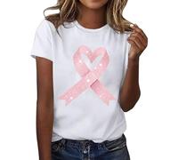 T-shirt pour femme avec nœud rose en forme de cœur - Haut à manches courtes avec imprimé scintillant - T-shirt de déclaration pour soutenir le mois du cancer du sein, Style_k05 Blanc, S