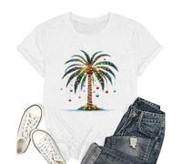 T-shirt pour femme avec palmier de Noël - T-shirt graphique avec guirlandes lumineuses et boules de Noël - Motif de Noël tropical pour l'été et les vacances, Style Q06 Blanc, M