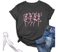 T-shirt pour femme avec squelettes dansants - T-shirt graphique avec nœud rose pour la sensibilisation au cancer du sein | Haut avec message spécial, Style_s01 Noir, M