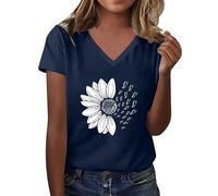 T-shirt pour femme - Col en V - T-shirt d'été à manches courtes - Haut imprimé floral - Pour le sport décontracté et les loisirs - Tunique basique - T-shirt ample et élégant, Marine1., M
