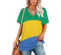T-Shirt pour Femme - Col en V - T-Shirt D'Été À Manches Courtes - Imprimé Drapeau du Gabon - pour Le Sport Décontracté Et Les Loisirs - Tunique Basique - T-Shirts Ample