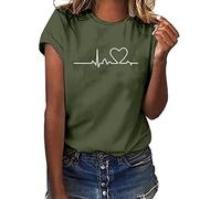 T-shirt pour femme décontracté avec imprimé électrocardiogramme - Courbe de rythme cardiaque - Couleur unie - Col rond - Manches courtes - Haut d'été ample - Tunique - Chemisier de course - T-shirt de