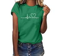 T-shirt pour femme décontracté avec imprimé électrocardiogramme - Courbe de rythme cardiaque - Couleur unie - Col rond - Manches courtes - Haut d'été ample - Tunique - Chemisier de course - T-shirt de