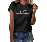T-shirt pour femme décontracté avec imprimé électrocardiogramme - Courbe de rythme cardiaque - Pull - Couleur unie - Col rond - Manches courtes - Haut d'été ample - Tunique - Chemisier de course -