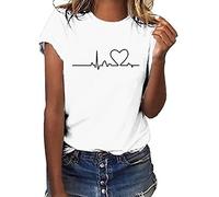 T-shirt pour femme décontracté avec motif électrocardiogramme - Courbe du rythme cardiaque - T-shirt basique uni - Col rond - Manches courtes - Haut d'été ample - All-Match - Tunique - T-shirt de