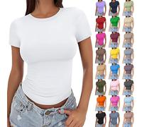 T-shirt pour femme élégant et moulant - Haut de sport sexy - T-shirt court Y2K - Col rond - Couleur unie - Manches courtes - Stretch - Décontracté - T-shirt Skims - Haut de sport, Blanc., XS