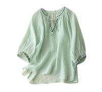 T-shirt pour femme en coton et lin avec broderie, col en V, manches à sept points, confortable et ample