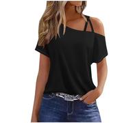 T-shirt pour femme - Épaules dénudées - Bretelles spaghetti - Manches courtes - Chemisier d'été décontracté - Tendance - Tunique fluide - Pull ample - Confortable - T-shirt d'été streetwear, Noir , M