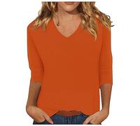 T-shirt pour femme - Grande taille - Col en V - Manches 3/4 - Haut tendance - T-shirt basique pour femme - Taille fuselée - Épaules droites - Chemise légère - Couche de base esquissée - Polyvalente