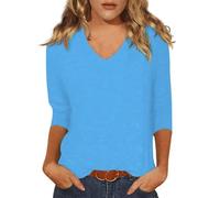 T-shirt pour femme - Grande taille - Col en V - Manches 3/4 - Haut tendance - T-shirt basique pour femme - Taille fuselée - Épaules droites - Chemise légère - Couche de base esquissée - Polyvalente